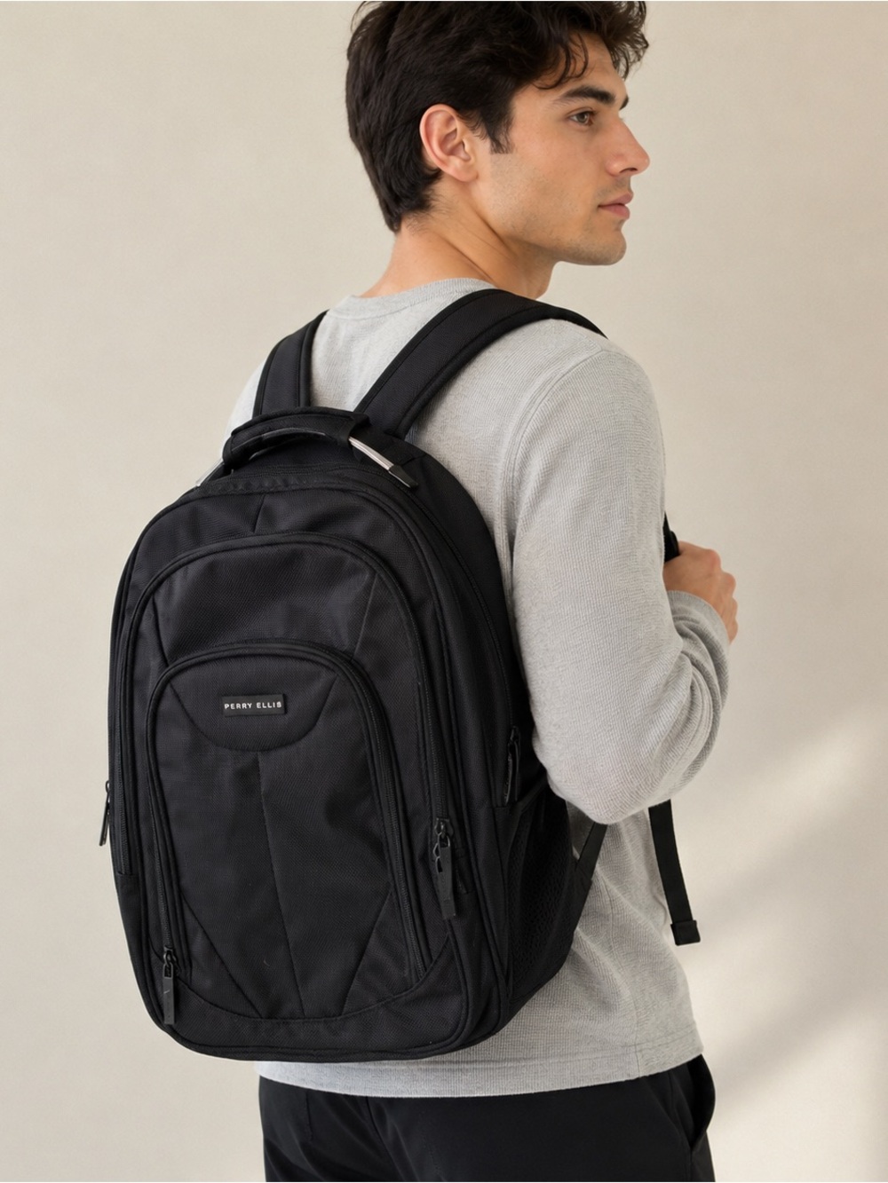 Perry Ellis Black Multi Compartment Laptop Travel Work School Backpack Bag
